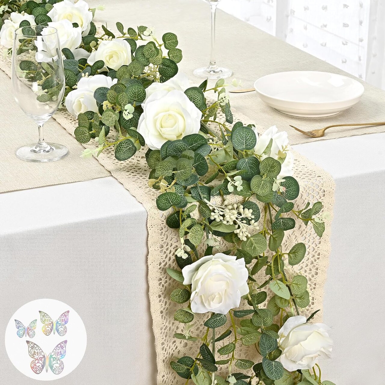 6.4 Ft Fuller Flower Garland with Light Butterfly – Artificial Eucalyptus Garland with Champagne Flowers, Fake Roses & Camellia Vines for Wedding Arches, Table Centerpieces, and Room Decor